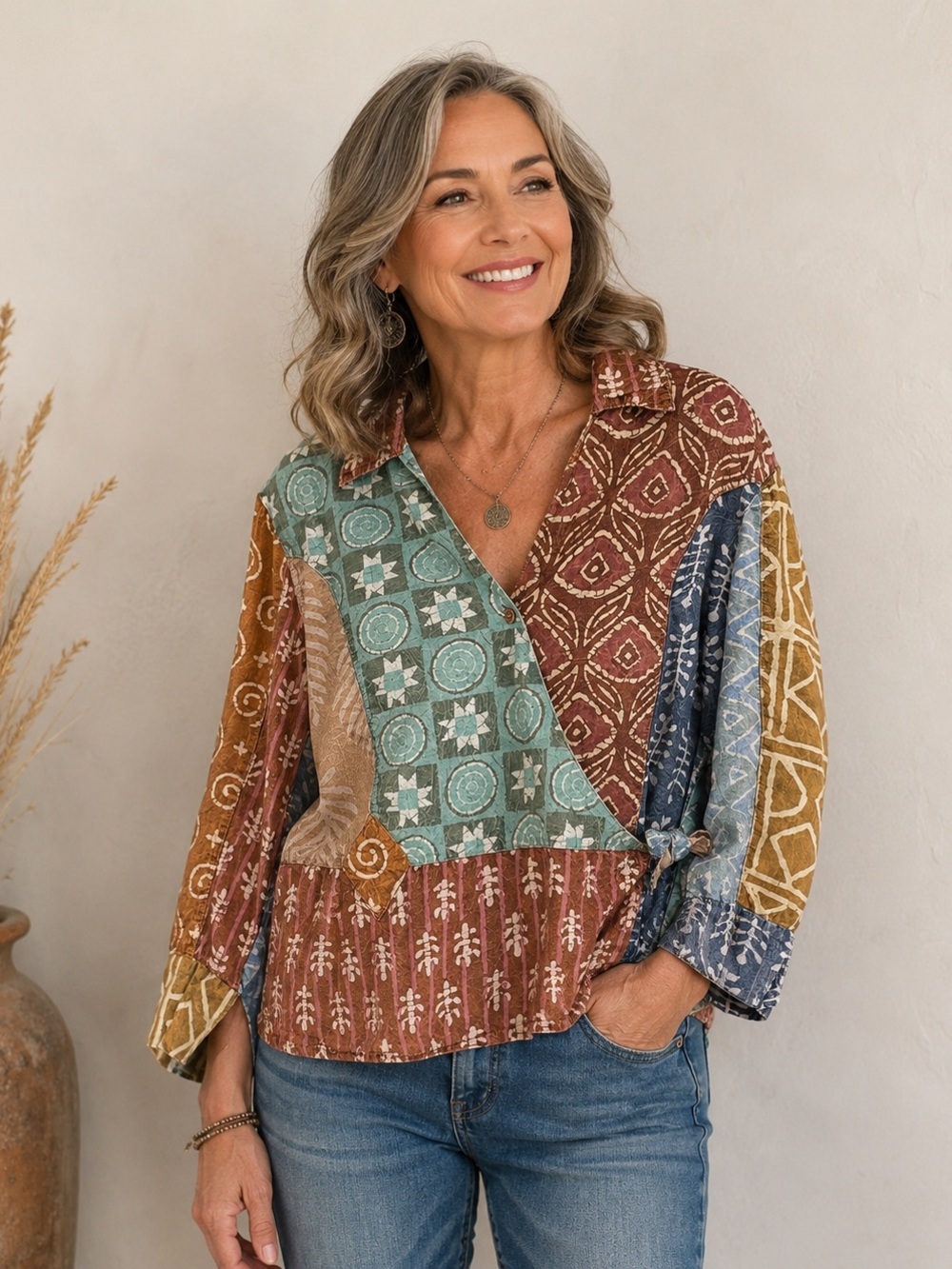 Sacred Threads Patchwork Wrap Button-Down Top in Earthy Multicolor size Medium